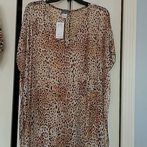 Jordan Taylor Leopard Print Brown & Gold Shear Beach Caftan Coverup M